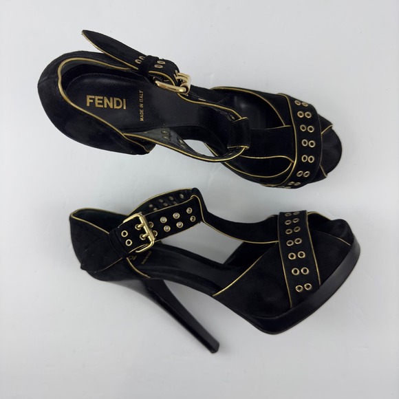 Fendi black suade with gold trim Grommet peep toe platform heels - Picture 4 of 10